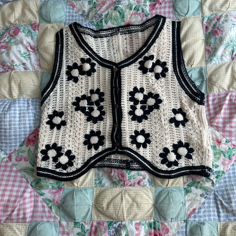 Crochet Floral Vest in Black and Cream